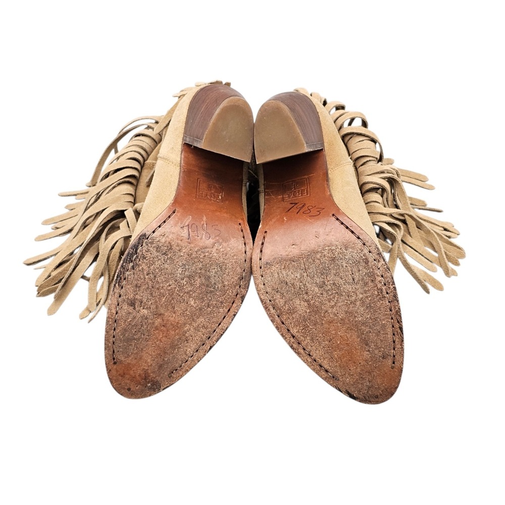 FRYE Womens Size 6.5 US EUC Llana Tan Suede Heeled Pull On Fringe Ankle Booties - Picture 5 of 8